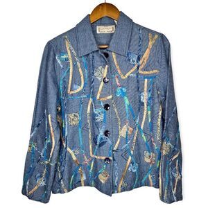 Vintage Life Style Abstract Embroidered Embellished Denim‎ Jacket Shacket Medium